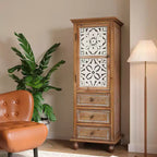 Armoire de rangement décorative rustique avec portes découpées et 3 tiroirs, armoire d'appoint haute et étroite pour salon ou chambre à coucher - Panipeachy