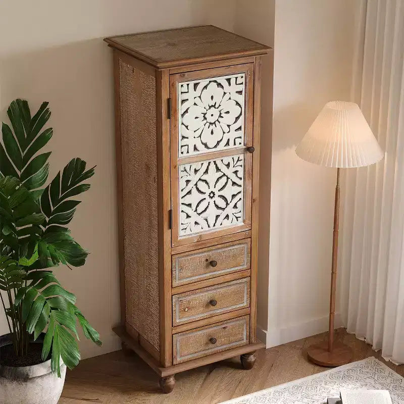 Armoire de rangement décorative rustique avec portes découpées et 3 tiroirs, armoire d'appoint haute et étroite pour salon ou chambre à coucher - Panipeachy