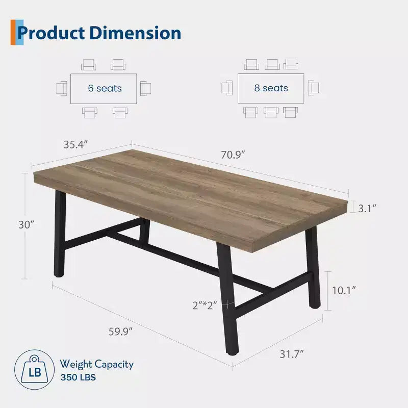 Table de salle à manger rectangulaire de 70,87 pouces pour 6 à 8 personnes, grande table à manger avec plateau en bois rustique, cadre métallique solide, style industriel moderne