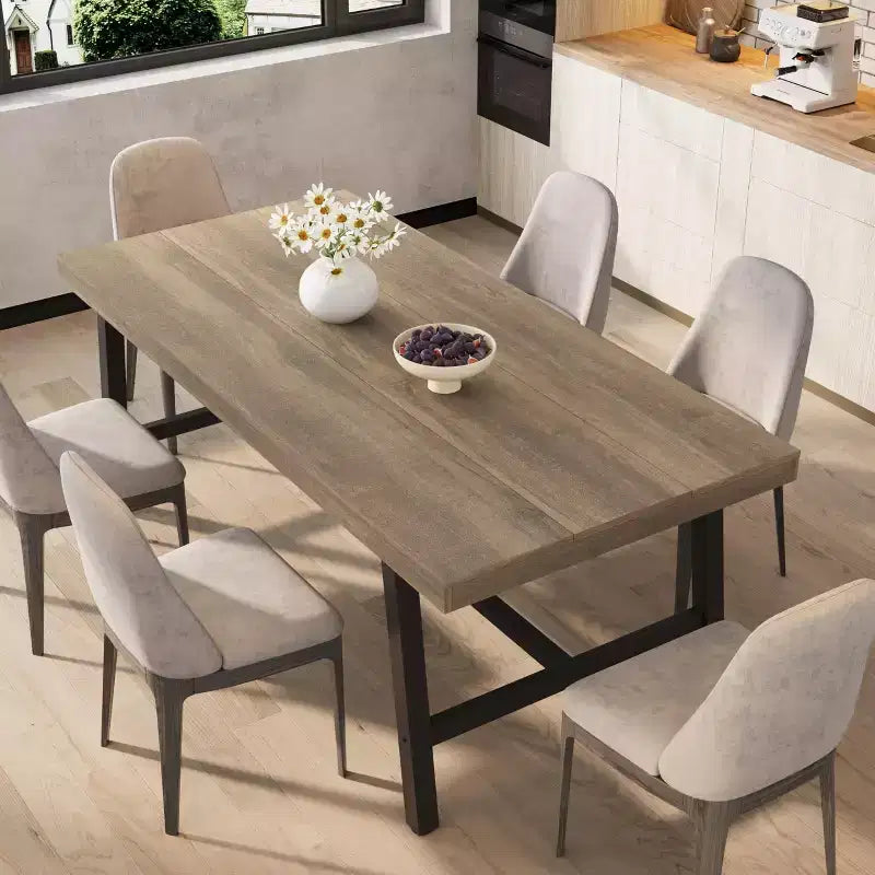 Table de salle à manger rectangulaire de 70,87 pouces pour 6 à 8 personnes, grande table à manger avec plateau en bois rustique, cadre métallique solide, style industriel moderne