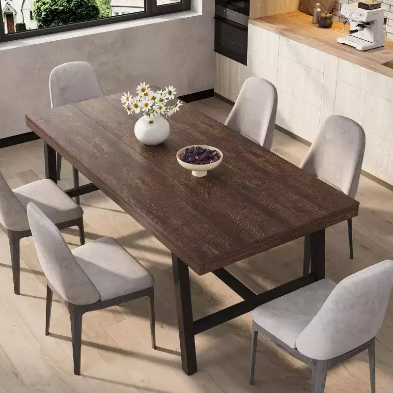 Table de salle à manger rectangulaire de 70,87 pouces pour 6 à 8 personnes, grande table à manger avec plateau en bois rustique, cadre métallique solide, style industriel moderne