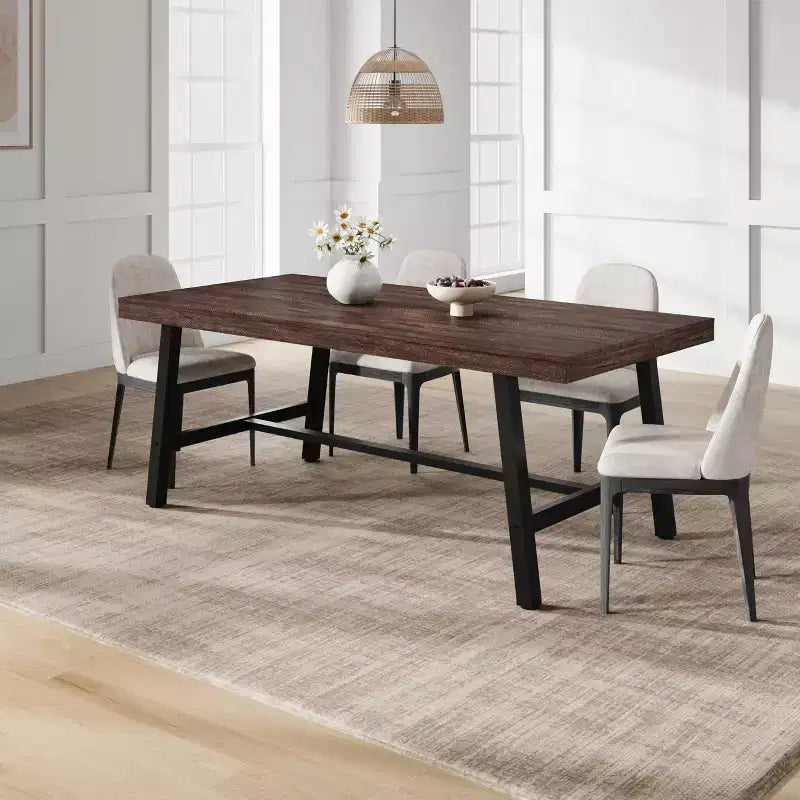Table de salle à manger rectangulaire de 70,87 pouces pour 6 à 8 personnes, grande table à manger avec plateau en bois rustique, cadre métallique solide, style industriel moderne