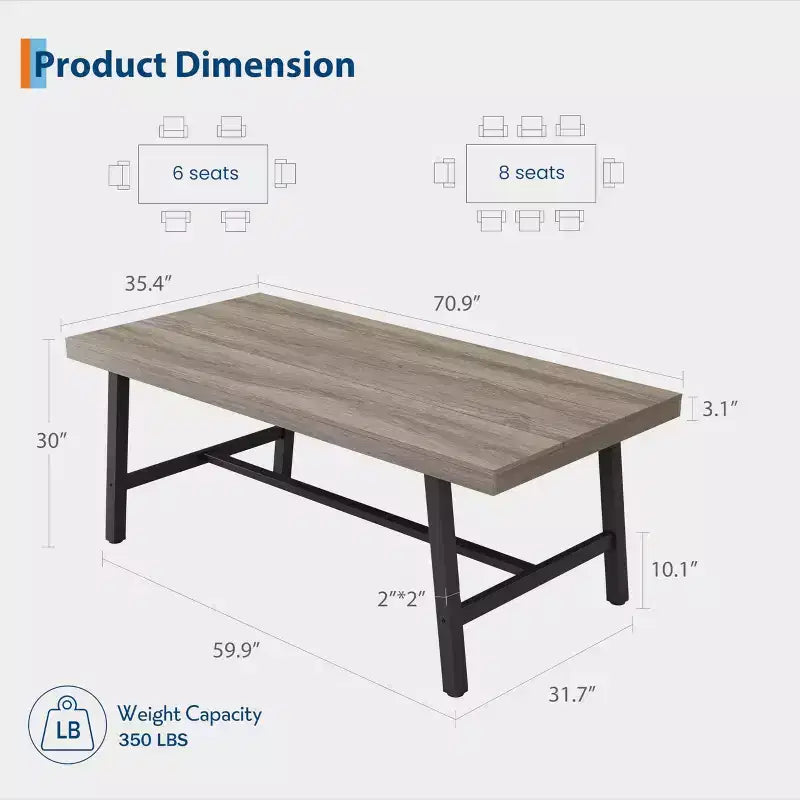 Table de salle à manger rectangulaire de 70,87 pouces pour 6 à 8 personnes, grande table à manger avec plateau en bois rustique, cadre métallique solide, style industriel moderne