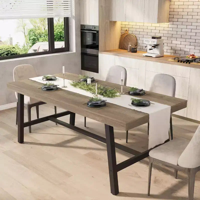 Table de salle à manger rectangulaire de 70,87 pouces pour 6 à 8 personnes, grande table à manger avec plateau en bois rustique, cadre métallique solide, style industriel moderne