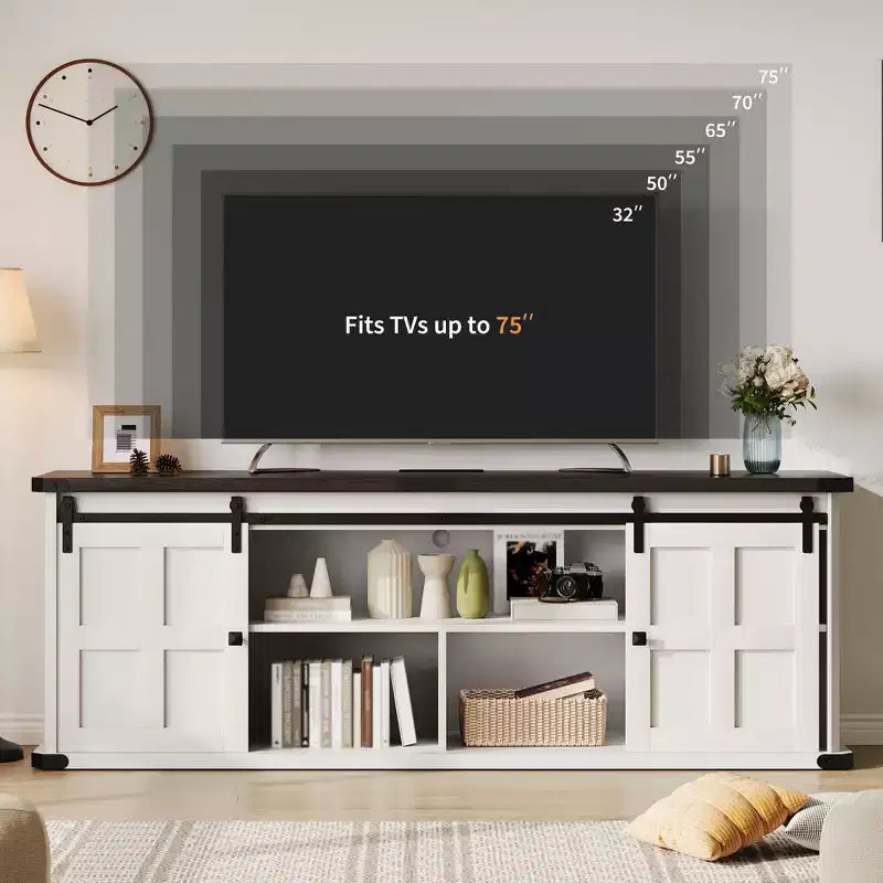 Meuble TV de ferme de 70 pouces pour téléviseurs de 80/75/70 pouces, avec armoires de rangement et porte coulissante style grange, meuble TV rustique pour salon, console multimédia