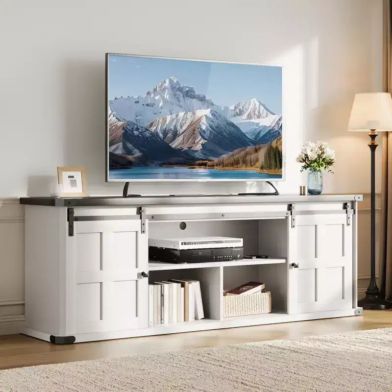 Meuble TV de ferme de 70 pouces pour téléviseurs de 80/75/70 pouces, avec armoires de rangement et porte coulissante style grange, meuble TV rustique pour salon, console multimédia