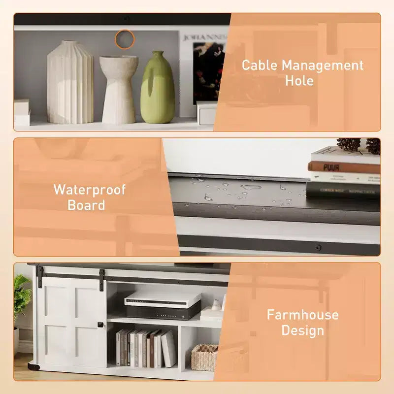 Meuble TV de ferme de 70 pouces pour téléviseurs de 80/75/70 pouces, avec armoires de rangement et porte coulissante style grange, meuble TV rustique pour salon, console multimédia