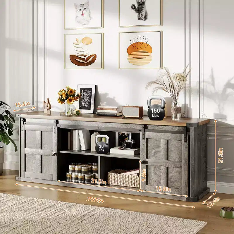 Meuble TV de ferme de 70 pouces pour téléviseurs de 80/75/70 pouces, avec armoires de rangement et porte coulissante style grange, meuble TV rustique pour salon, console multimédia
