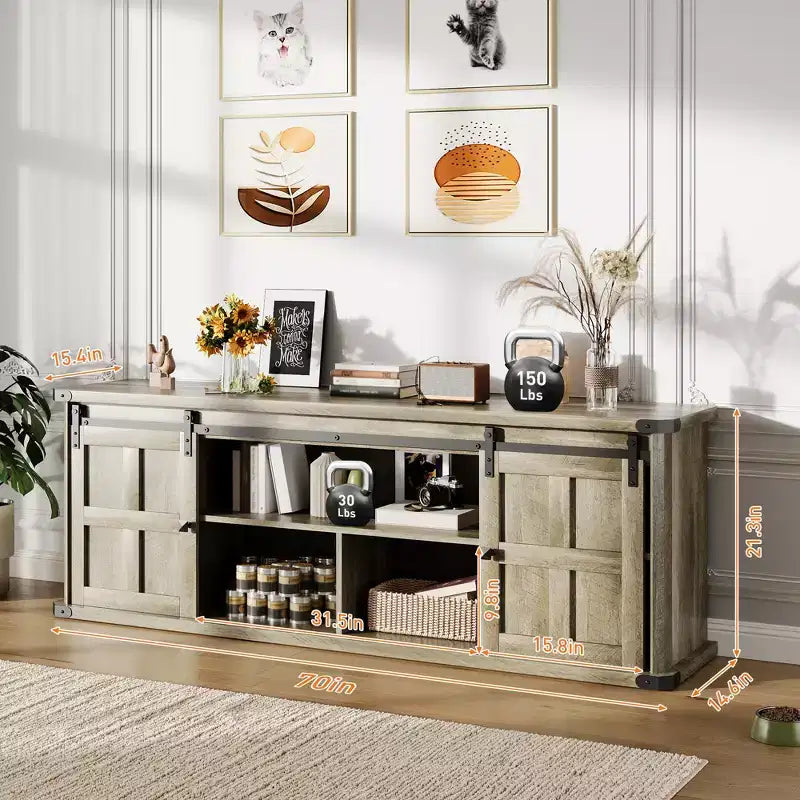 Meuble TV de ferme de 70 pouces pour téléviseurs de 80/75/70 pouces, avec armoires de rangement et porte coulissante style grange, meuble TV rustique pour salon, console multimédia