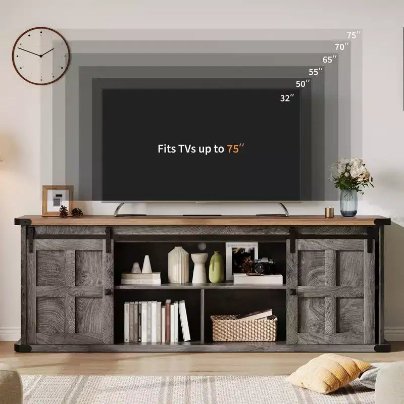 Meuble TV de ferme de 70 pouces pour téléviseurs de 80/75/70 pouces, avec armoires de rangement et porte coulissante style grange, meuble TV rustique pour salon, console multimédia