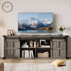 Meuble TV de ferme de 70 pouces pour téléviseurs de 80/75/70 pouces, avec armoires de rangement et porte coulissante style grange, meuble TV rustique pour salon, console multimédia