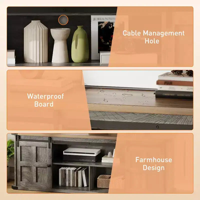 Meuble TV de ferme de 70 pouces pour téléviseurs de 80/75/70 pouces, avec armoires de rangement et porte coulissante style grange, meuble TV rustique pour salon, console multimédia