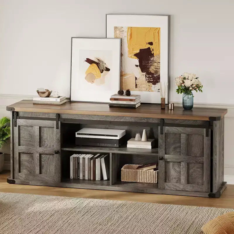 70 Farmhouse TV Stand for 80/75/70 Inch TVs, Storage Cabinets with Sliding Barn Door, Rustic TV Stands for Living Room, Media Console Cabinet