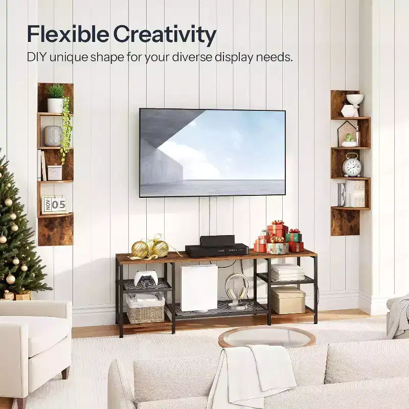 ACOINEL Lot de 2 étagères d'angle flottantes murales, bibliothèques d'angle rustiques marron à 4 niveaux pour salon et chambre à coucher