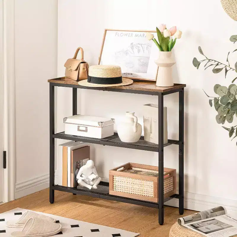 ACOINEL 29.5 Narrow Console Table, 3-Tier Rustic Brown & Black Entryway Table, Thin Sofa Side Display Table for Hallway Entrance Living Room Bedroom