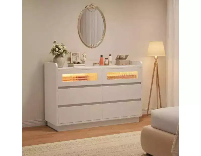 Commode 6 tiroirs pour chambre | Armoire de rangement en bois de 120 cm avec 2 tiroirs en verre pour couloir, entrée et organisation