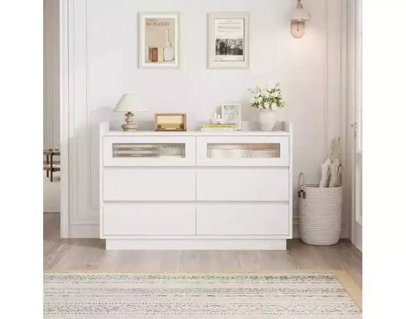 Commode 6 tiroirs pour chambre | Armoire de rangement en bois de 120 cm avec 2 tiroirs en verre pour couloir, entrée et organisation
