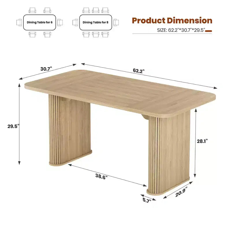 Table à manger 62 pour 6-8 personnes, table de cuisine rectangulaire en bois avec double piédestal robuste, table de salle à manger solide pour salle à manger, cuisine et salon