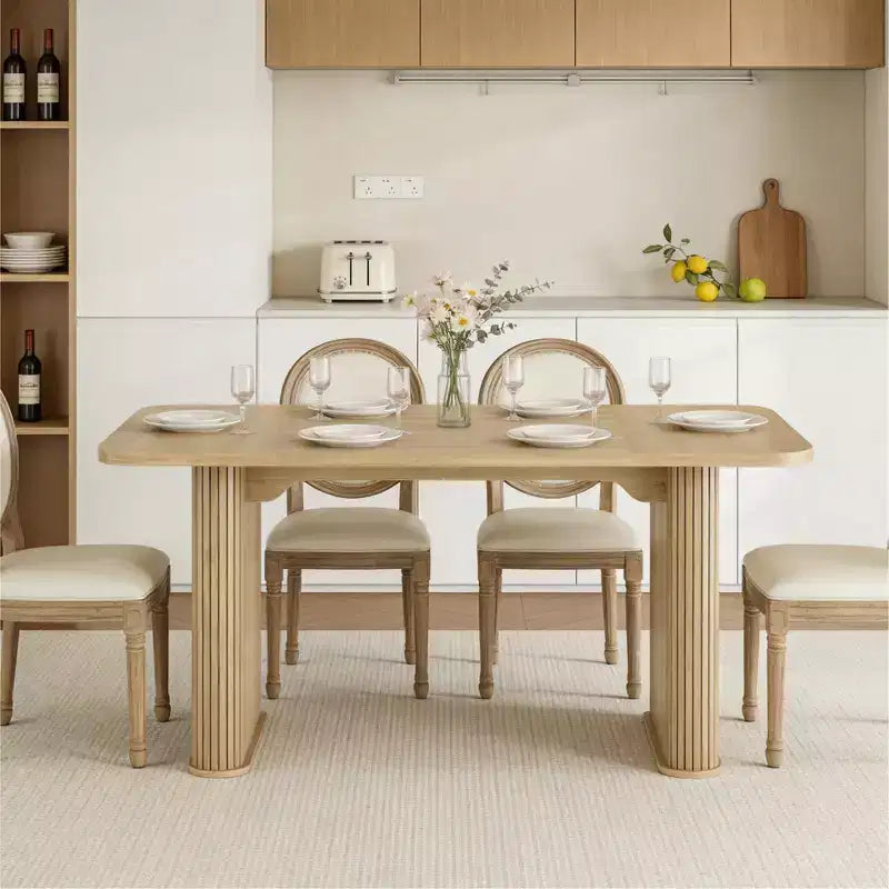 Table à manger 62 pour 6-8 personnes, table de cuisine rectangulaire en bois avec double piédestal robuste, table de salle à manger solide pour salle à manger, cuisine et salon