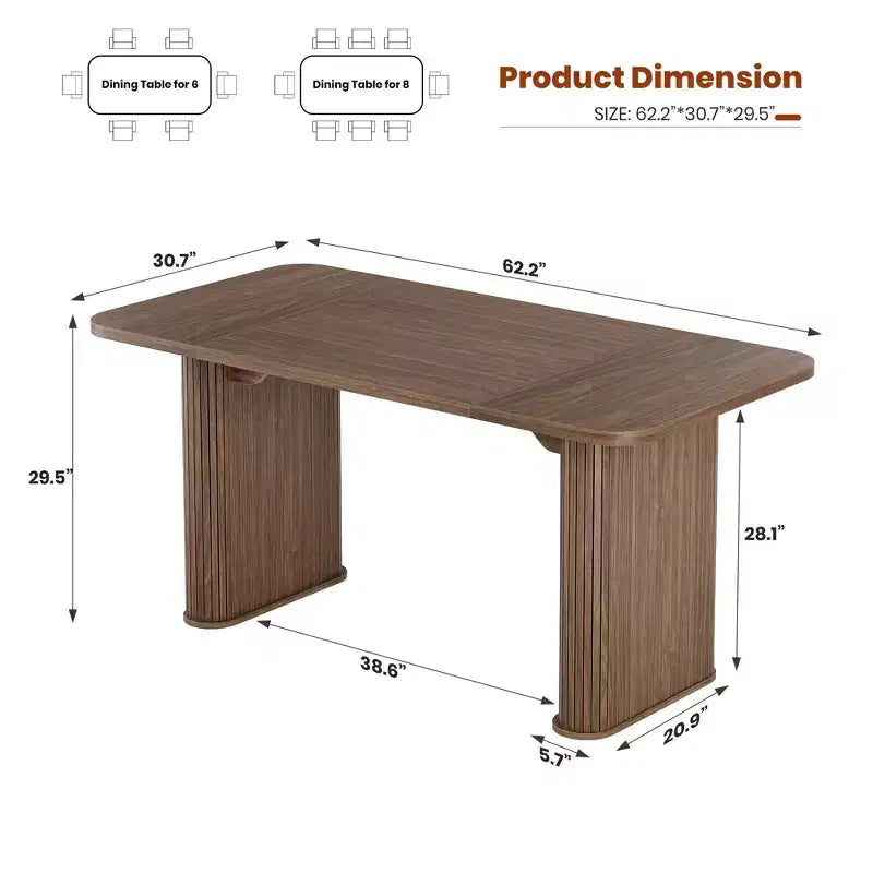Table à manger 62 pour 6-8 personnes, table de cuisine rectangulaire en bois avec double piédestal robuste, table de salle à manger solide pour salle à manger, cuisine et salon