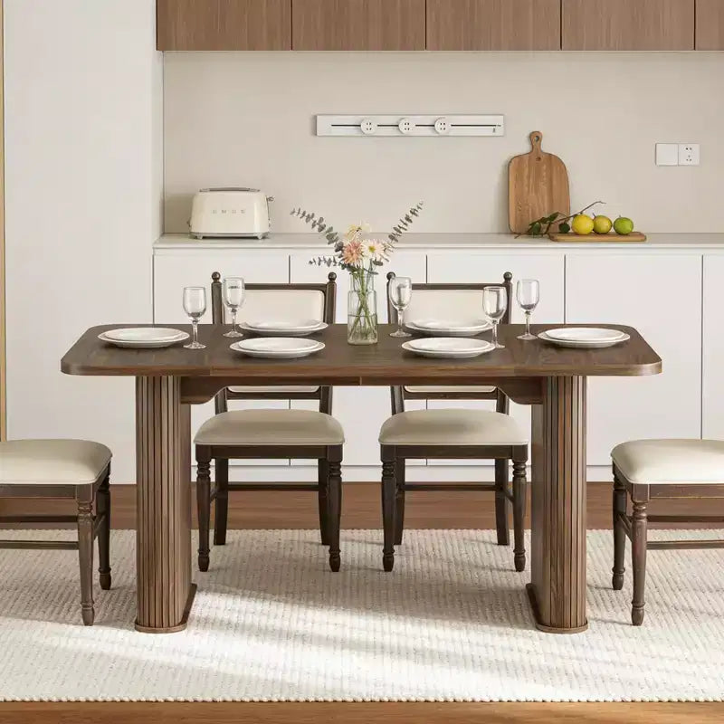 Table à manger 62 pour 6-8 personnes, table de cuisine rectangulaire en bois avec double piédestal robuste, table de salle à manger solide pour salle à manger, cuisine et salon