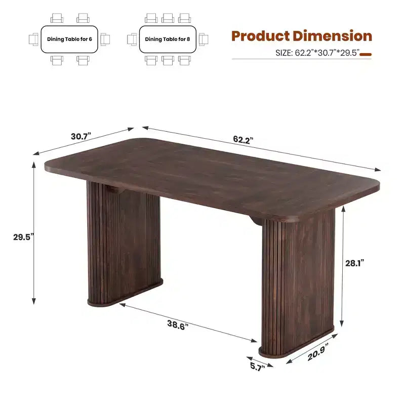 Table à manger 62 pour 6-8 personnes, table de cuisine rectangulaire en bois avec double piédestal robuste, table de salle à manger solide pour salle à manger, cuisine et salon