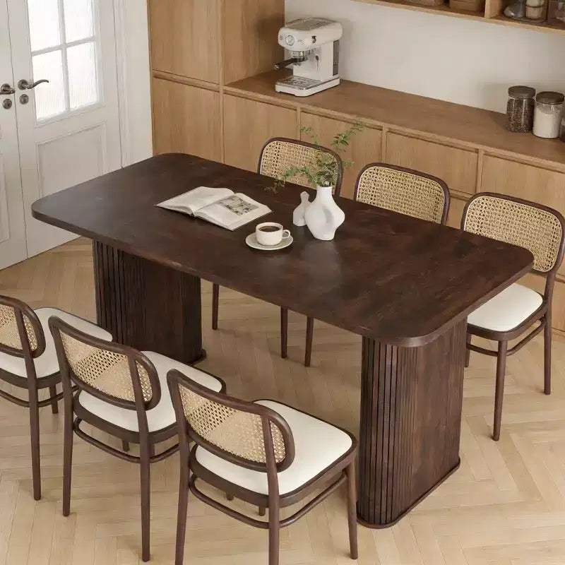 Table à manger 62 pour 6-8 personnes, table de cuisine rectangulaire en bois avec double piédestal robuste, table de salle à manger solide pour salle à manger, cuisine et salon