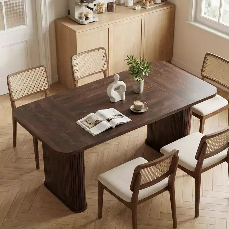 Table à manger 62 pour 6-8 personnes, table de cuisine rectangulaire en bois avec double piédestal robuste, table de salle à manger solide pour salle à manger, cuisine et salon