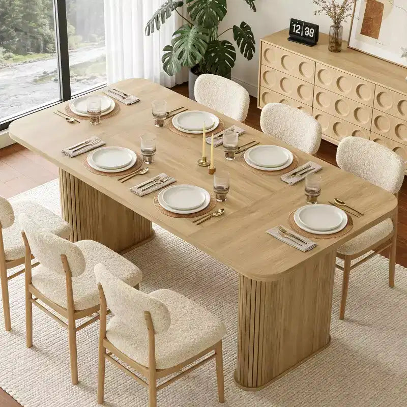 Table à manger 62 pour 6-8 personnes, table de cuisine rectangulaire en bois avec double piédestal robuste, table de salle à manger solide pour salle à manger, cuisine et salon