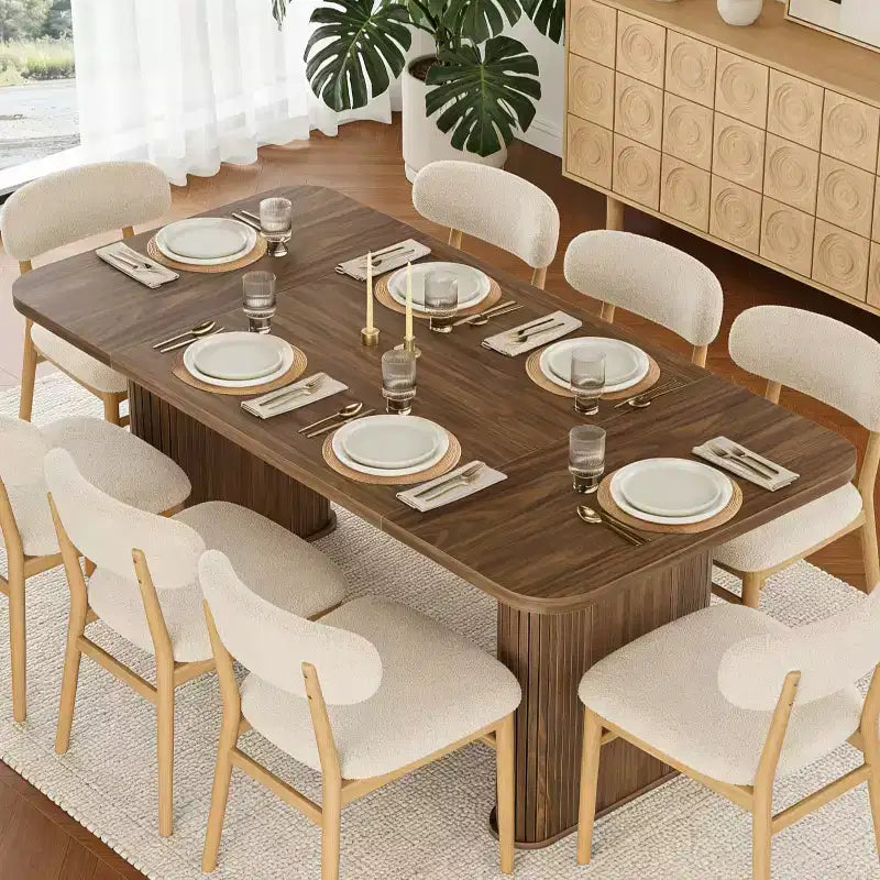 Table à manger 62 pour 6-8 personnes, table de cuisine rectangulaire en bois avec double piédestal robuste, table de salle à manger solide pour salle à manger, cuisine et salon