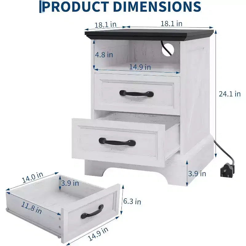 Tables de chevet rustiques de ferme avec station de recharge, tables de chevet modernes en bois avec 2 tiroirs, tables d'appoint accentuées blanches pour salon