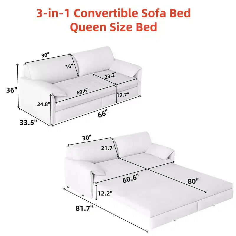 Canapé-lit Whisen 3 en 1 en velours Queen Size et canapé-lit convertible 66 Queen Size avec poches de rangement latérales (version améliorée)