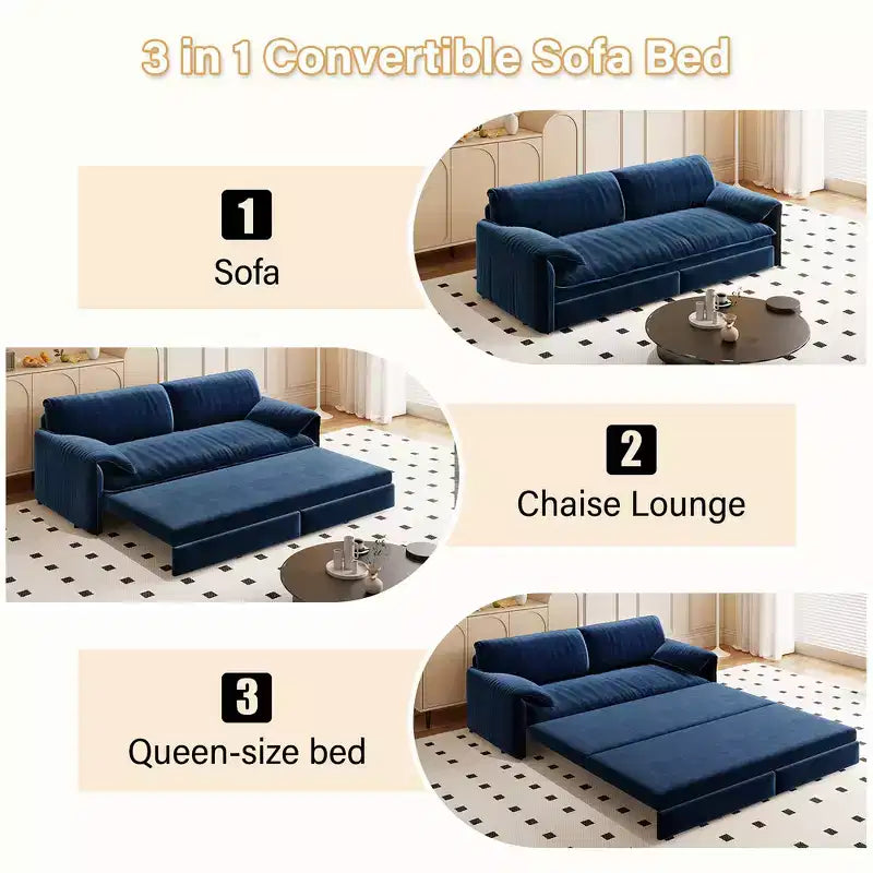 Canapé-lit Whisen 3 en 1 en velours Queen Size et canapé-lit convertible 66 Queen Size avec poches de rangement latérales (version améliorée)