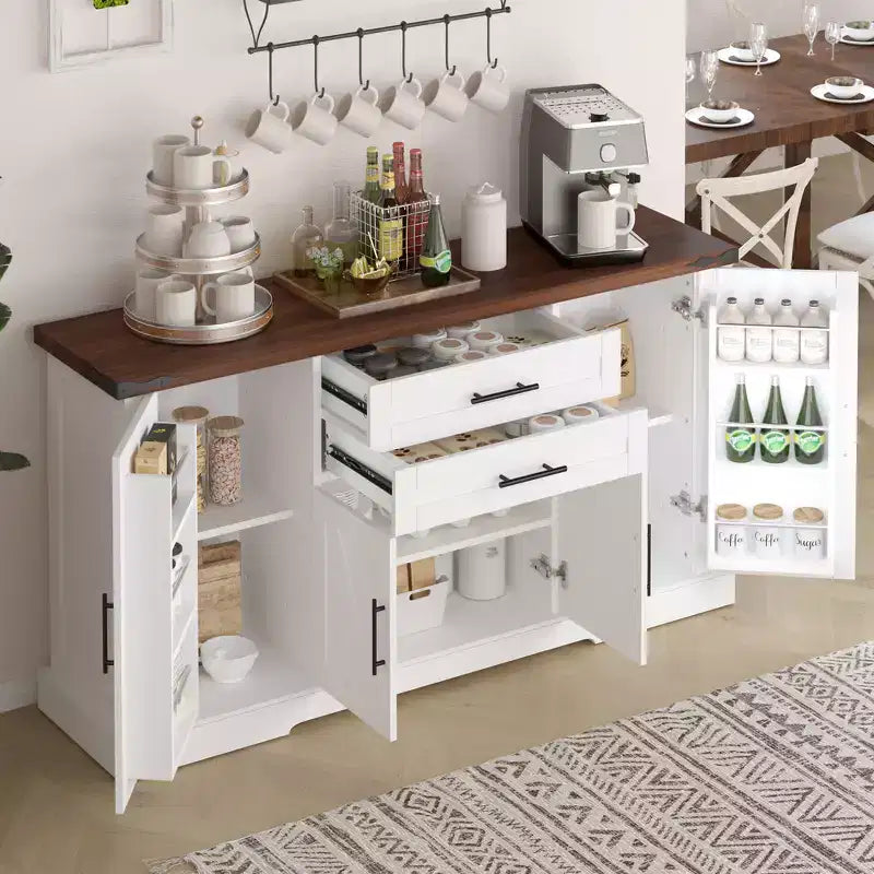 Meuble de Rangement de Ferme Zeus & Ruta 63 avec Porte Coulissante, 2 Tiroirs, Étagères Réglables, Buffet Bar à Café pour Cuisine, Entrée, Salle à Manger
