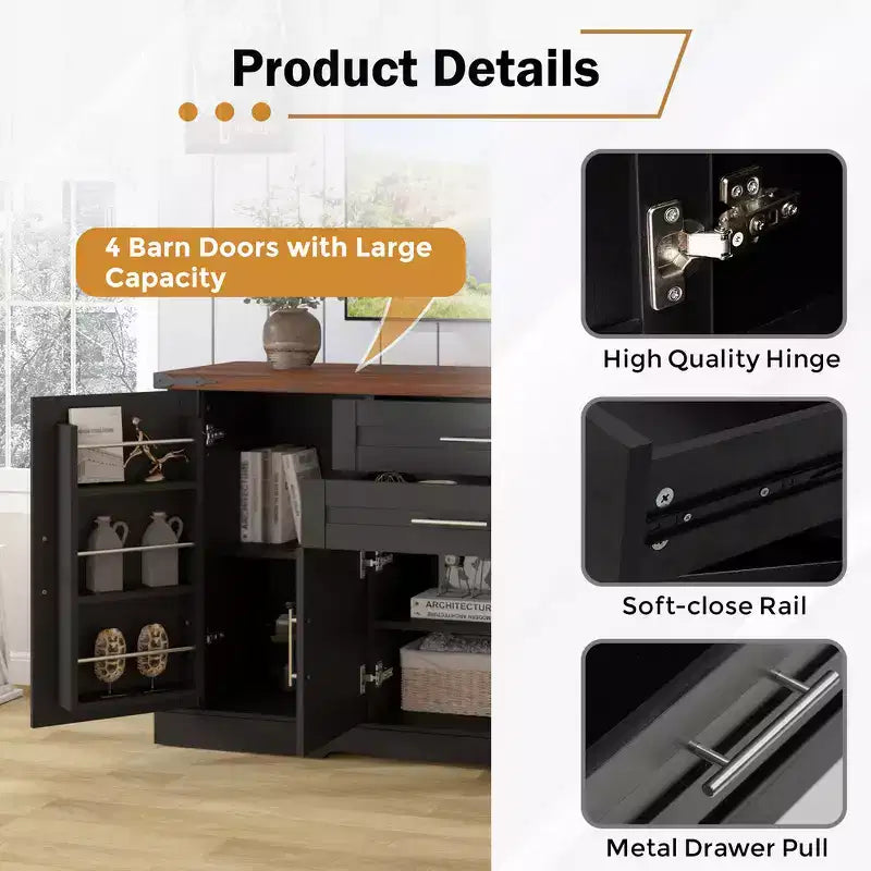 Meuble de Rangement de Ferme Zeus & Ruta 63 avec Porte Coulissante, 2 Tiroirs, Étagères Réglables, Buffet Bar à Café pour Cuisine, Entrée, Salle à Manger