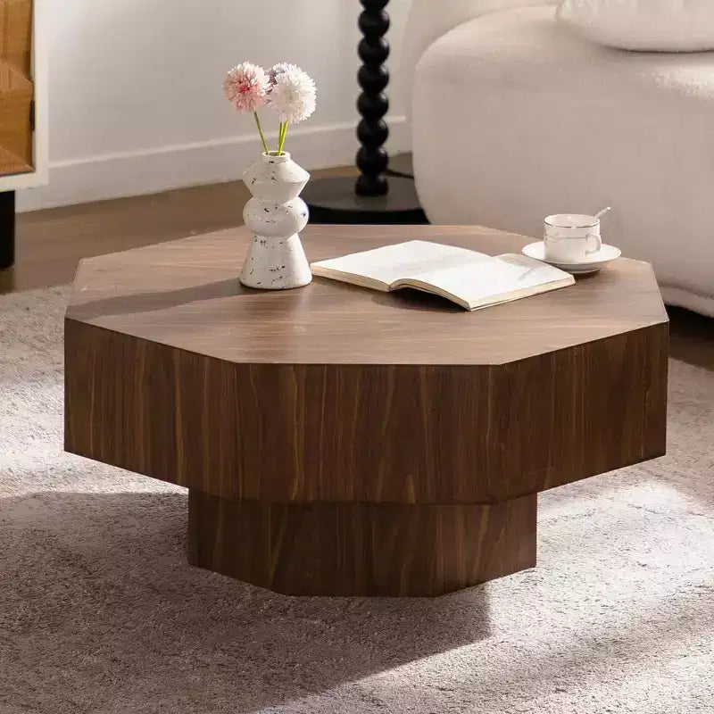 30.51 inch Octagonal-Shaped Walnut Coffee Table with Vintage Design for Living Room
