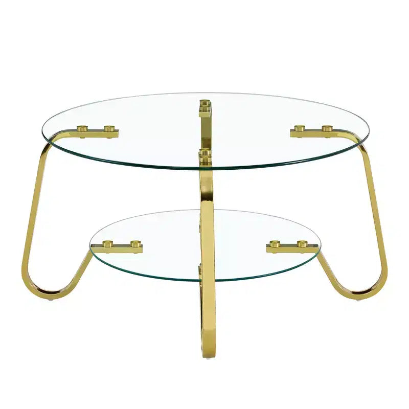 Table basse rétro minimaliste à cadre métallique avec double plateau en verre trempé, dimensions 80 x 80 x 45 cm