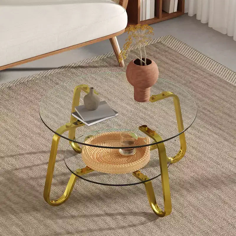 Table basse rétro minimaliste à cadre métallique avec double plateau en verre trempé, dimensions 80 x 80 x 45 cm