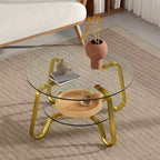 Table basse rétro minimaliste à cadre métallique avec double plateau en verre trempé, dimensions 80 x 80 x 45 cm