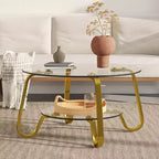 Table basse rétro minimaliste à cadre métallique avec double plateau en verre trempé, dimensions 80 x 80 x 45 cm