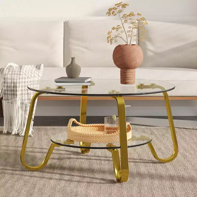 Table basse rétro minimaliste à cadre métallique avec double plateau en verre trempé, dimensions 80 x 80 x 45 cm
