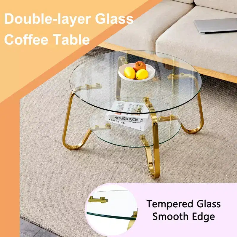 Table basse rétro minimaliste à cadre métallique avec double plateau en verre trempé, dimensions 80 x 80 x 45 cm