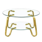 Table basse rétro minimaliste à cadre métallique avec double plateau en verre trempé, dimensions 80 x 80 x 45 cm