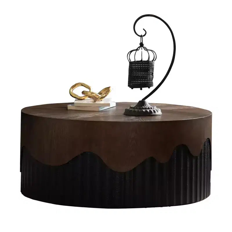 Table basse ronde de 30,31 pouces avec placage texture écorce véritable et finition noyer