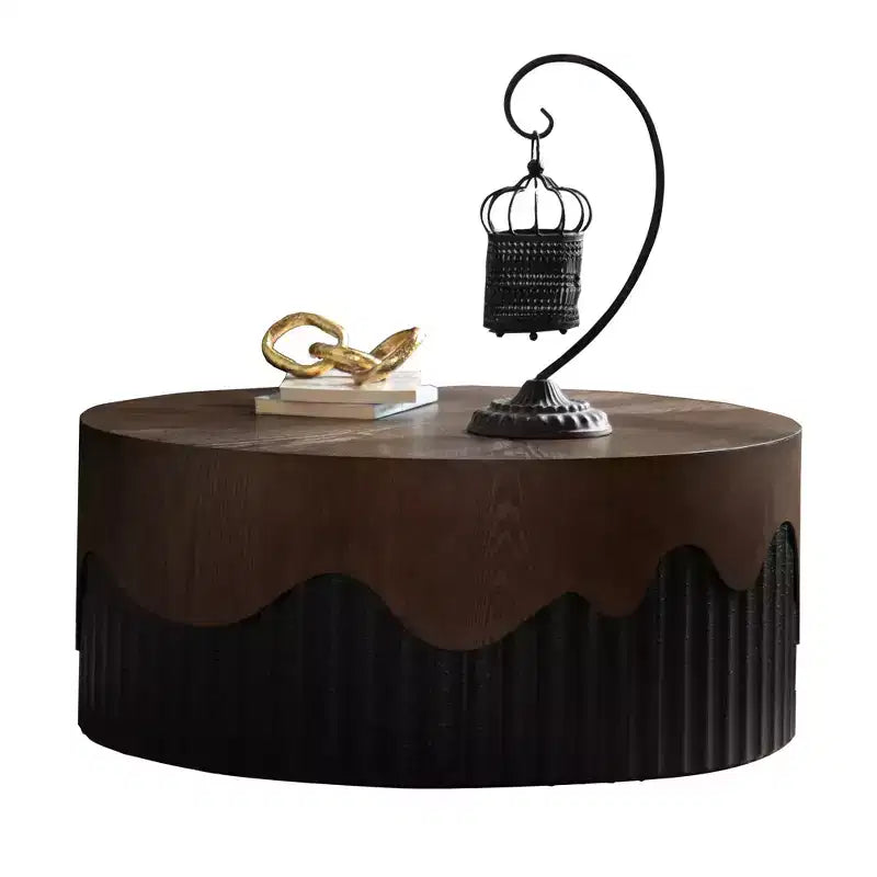 Table basse ronde de 30,31 pouces avec placage texture écorce véritable et finition noyer