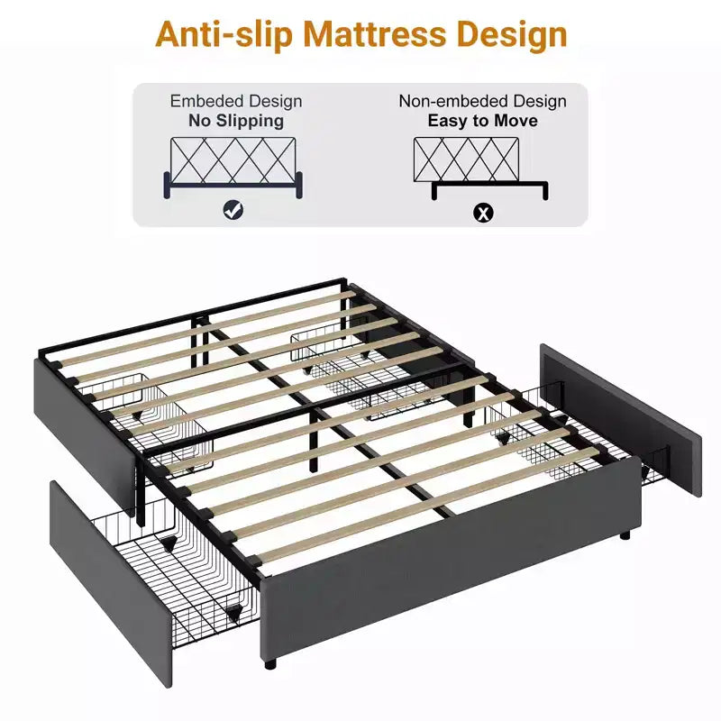 Cadre de lit avec 4 tiroirsRembourré en tissu, montage facile