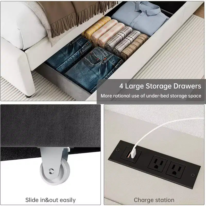 Cadre de lit avec 4 tiroirs de rangement, plateforme tapissée en velours, support de 450 kg, beigeQUEEN