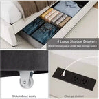 Cadre de lit avec 4 tiroirs de rangement, plateforme tapissée en velours, support de 450 kg, beigeQUEEN
