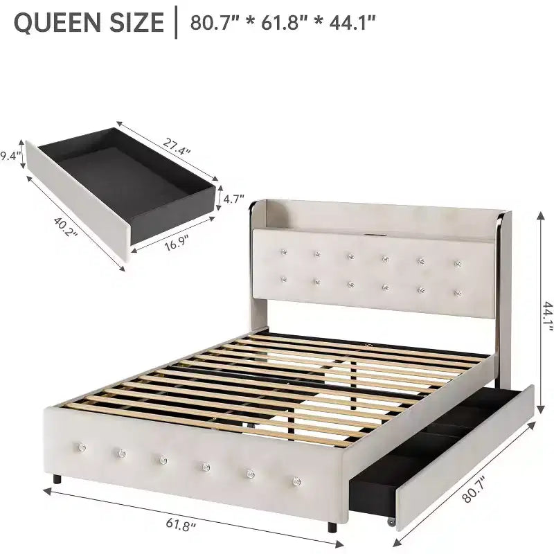 Cadre de lit avec 4 tiroirs de rangement, plateforme tapissée en velours, support de 450 kg, beigeQUEEN