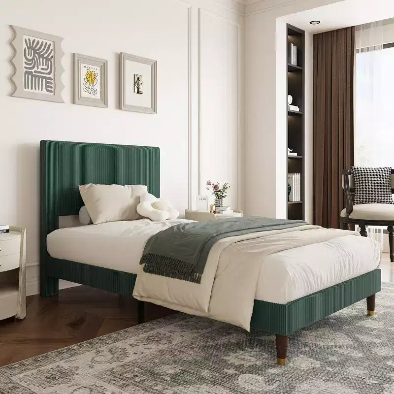 Cadre de lit plateforme moderne en velours côtelé avec tête de lit - Lattes robustes en métal et bois, sans bruit, profil bas